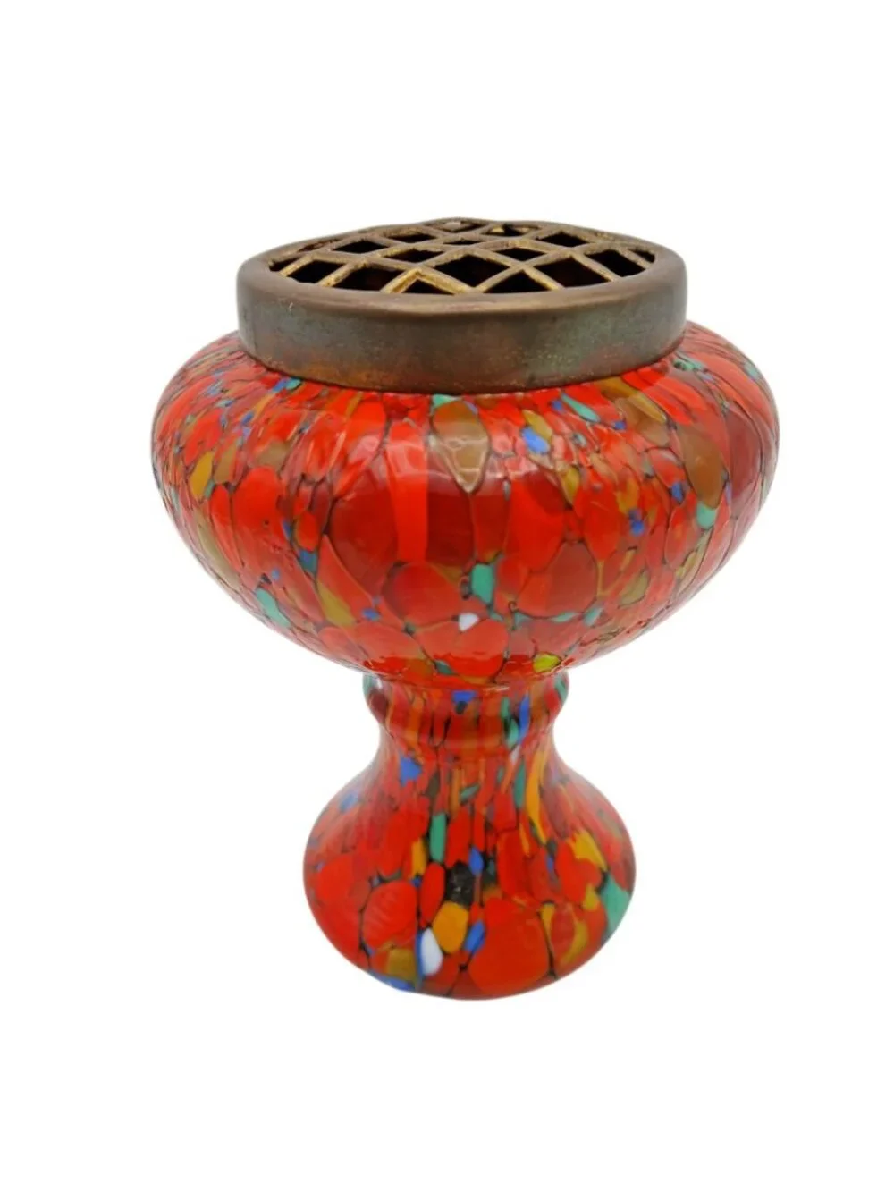 Czech Bohemian Spatter Glass Posy Vase Brass Flower Frog Lid 5
